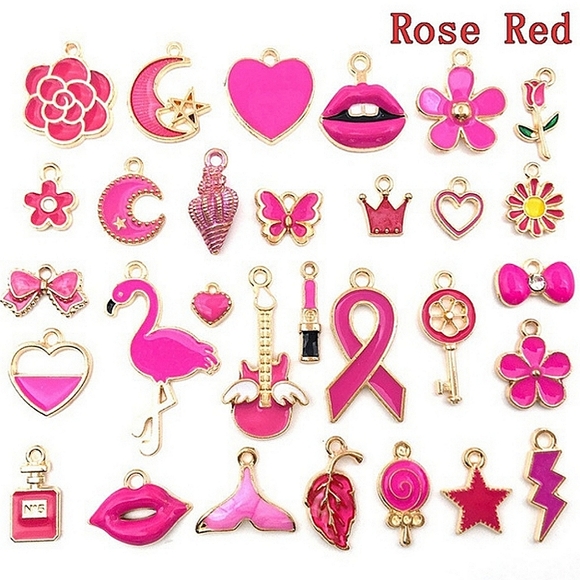 Rose Red series asymmetrical enamel & alloy charm earrings. Pair #12. - Picture 3 of 3